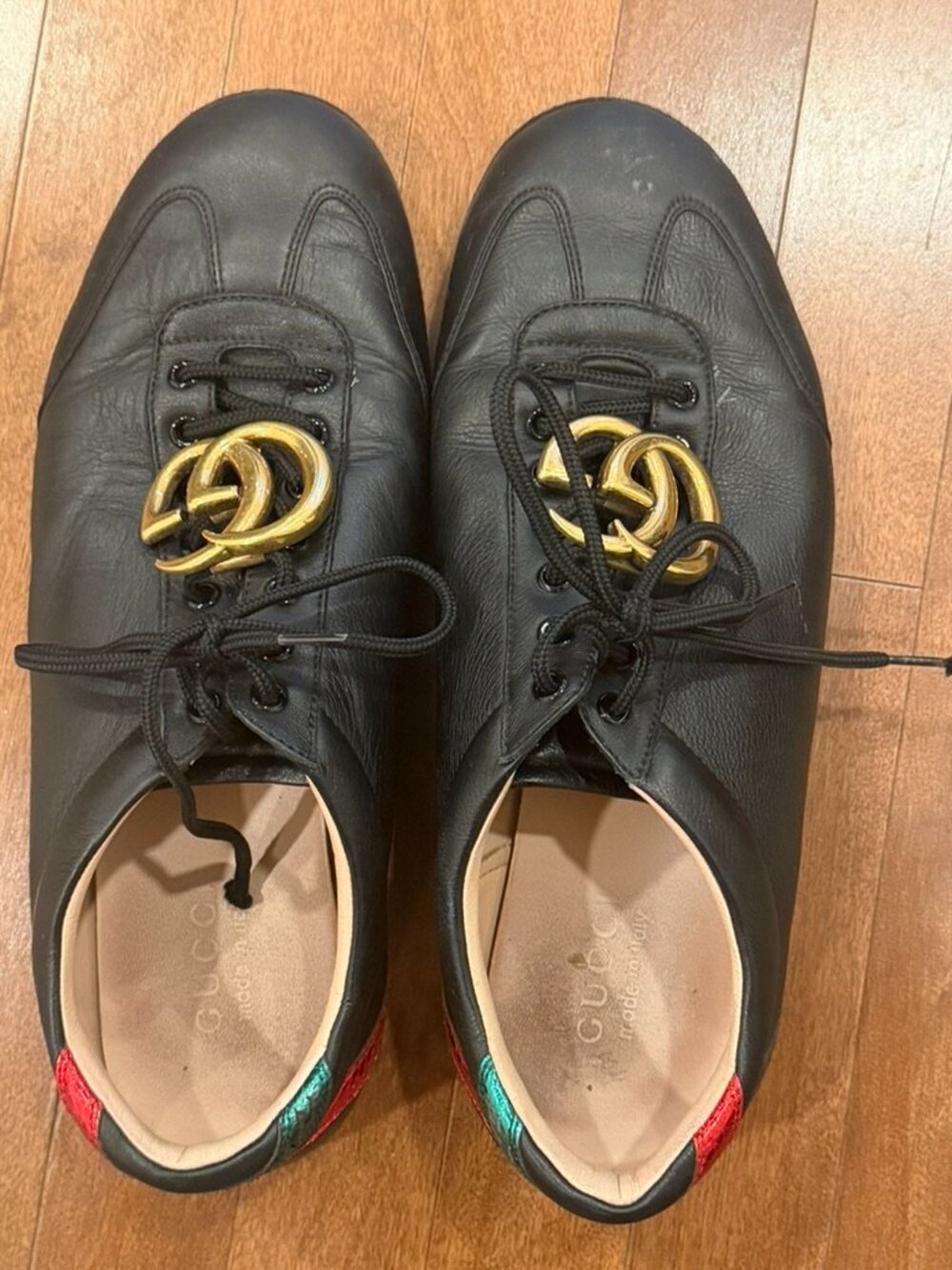 Gucci Men's Black Leather Double G Buckle Sneakers Snakeskin Detail - Size 11.5